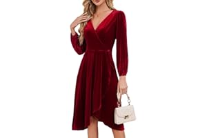 Meetjen Women's V Neck Velvet Formal Long Sleeve Dress Flowy Fall High Low Elegant 2025 Midi Winter Cocktail Party Dress