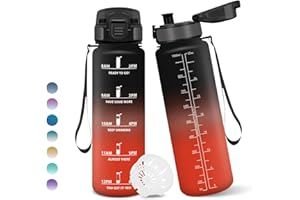 MOTSWEDI Gourde, 1000ML Sans BPA, Gourde sport, Avec Horodatage, Bouteille, Conception de Verrouillage Anti-Fuite, Bouteille Plastique pour bureau, En cours d'exécution, Escalader Des Montagnes - Noir&rouge