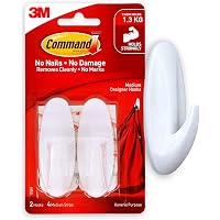Command Designer 2 hooks and 4 strips, Self Adhesive Plastic Hooks for wall, Medium , White, Holds Upto 1.3kg