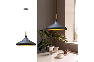 bamyum Champion Lampe à Bois Suspension Moderne en Metal de 35 cm, Lustre de Salon, Chambre, Cuisine, Suspension Luminaire Plafonnier, Éclairage de Plafond, Lampe Suspendue Noir