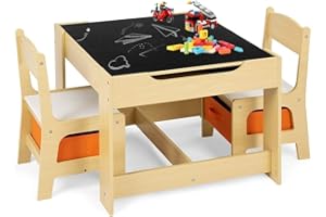 ‎GOPLUS GOPLUS 3tlg. Kindersitzgruppe, 1 Kindertisch mit 2 Stühle, Kindermöbel Set aus Holz, Kindertischgruppe Indoor mit Stauraum, Maltisch für Kleinkind Mädchen Jungen