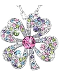 MARENJA-Regalos Navidad Collar Mujer de Moda-Colgante Flor Trebol de Cristal Multicolor-Joya Chapada en Oro Blanco con Cristal