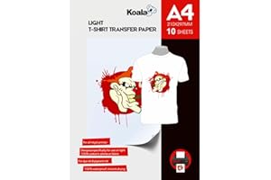 KOALA Premium Inkjet Iron On T Shirt Transfer Paper for White and Light Fabrics x 10 Sheets, A4. Vivid, Long-Lasting Images. Easy to Use