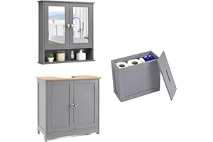 YEEJUAK 3 Piece Set Bathroom Furniture Free Standing Under Sink Storage Wall Mounted Medicine Cabinet with Mirror Modern Toilet Paper Holder Storage Unit Gray
