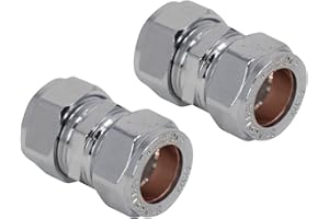 Pipestation Connettori dritti a compressione cromati da 15 mm, confezione da 2, raccordi idraulici per tubi in rame, facili da installare