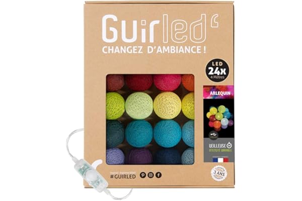 GuirLED - Guirnalda luminosa bolas de algodón LED USB- Luz de noche para bebé 2h - Adaptador de corriente dual USB 2A incluido - 3 intensidades - 24 bolas 2,4m - Arlequin