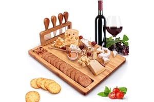 AUTUMNDEER Plateau à Fromage en Bambou, Planche à Charcuterie et Plateau à Viande, Plateau de Service en Bois avec 4 Couteaux à Fromage, Cadeaux Uniques pour Noël, Mariage, Anniversaire