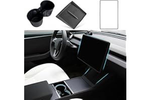TOPABYTE 3PCS Console Centrale Accessoires pour Tesla Model Y Juniper Model 3 Highland 2025 2024 Insert de Porte-gobelet, Cadre de Protection de Bord D'écran, Tapis en Silicone, Noir