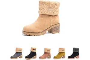 HITMARS Womens Winter Boots Ladies Fur Lined Mid Calf Boots Flat Slip On Suede Leather Warm Snow Boots Comfort Black Brown Grey Khaki Size 3-9 UK