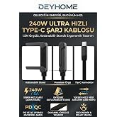 Deyhome 240W Ultra Hızlı Type-C Şarj Kablosu &ndash; 1.5M &Ouml;rg&uuml;l&uuml;, Katlanabilir Standlı Ergonomik Tasarım, PD Hızlı Şarj ve Data Akt