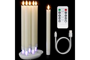 ‎ELDNACELE Eldnacele Wiederaufladbare flammenlose Stabkerzen mit Fernbedienung Timer und Ladestation, 6 Stück LED-Stabkerzen aus echtem Wachs mit flackernder 3D-Flamme für Zimmer Deko, Hochzeit und Party