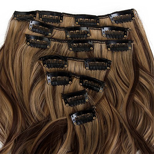 22 „Full-Kopf-Klipp in den Haar-Verlangerungen Ombre Wavy Curly Dip Dye 7Pcs Mix Braun Schwarz - 4