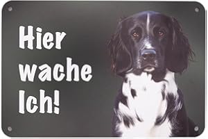 WILDE HILDE ORIGINAL Großer Münsterländer - Hier wache ich! Premium-Schild für den Gartenzaun & Grundstück, Warnschild, Sicherheit, Deko & Geschenk, UV- und wetterfest, Alu-Verbund, 24 x 16 cm - Made in Germany