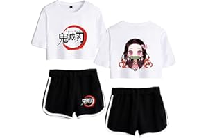 Yumenam Femme Anime 2PCS Survêtement Kamado Nezuko Imprimé Crop Tops + Shorts Ensemble Casual Manches Courtes Tee Shirt + Pantalon Court été Pyjamas Sets Costume de Cosplay