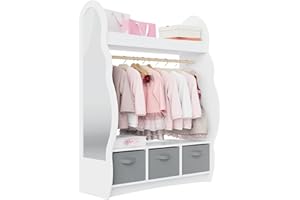 Hironpal Kid Dress Up Storage with Mirror Kids Wardrobe Dressing Up Rail Open Hanging Costume Armoire Closet Pretend Storage Organizer Children Clothes Center for Girl Bedroom (cloud,3 drawer,white)