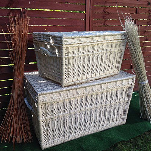 Zwei Weißer Korbtruhen, Weidenkorb 80cm und 60cm, Aufbewahrungskorb, Korb-Truhe, White Wicker Chest Set, Wicker Trunk