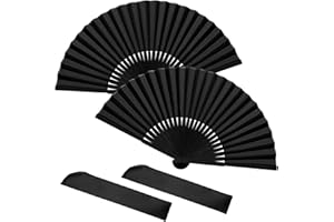 Soodyoow Folding Hand Fan, 2 Pcs Handheld Folding Fan, Black Folding Hand Fan for Women Men, Chinese Silk Fabric Handheld Fan for Dancing Cosplay Wedding Party Home Decorations Birthday Gifts