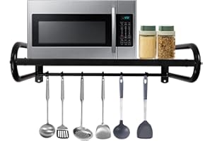 TRIEBAN Mikrowellen-Wandregal, Rechteckig Mikrowellenhalterung Wandhalter Mikrowellenhalter mit 6 Mobile Haken Dicke Edelstahl Mikrowelle Halter bis 30kg Küchenregal 53 * 38 * 18cm