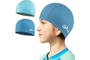 FUNOWN 2 Stück Unisex Badekappe Wasserdicht, Komfort und Elastisch Schwimmkappe für Lange und Kurzes Haare, Ohrenschutz Schwimmkappen für Kinder Mädchen Jungen Damen Herren