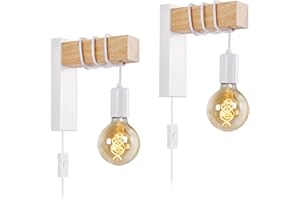SOBETA Juego de dos apliques de pared industriales con cable, lámpara de pared blanca enchufable para dormitorio, mesita de noche, lectura, sala de estar, granja, madera, montaje en pared, E27, con