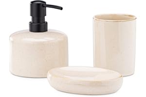 Navaris Ceramic Bathroom Accessories Set - 3-Piece Toiletry Accessory Kit - Liquid Soap Dispenser/Toothbrush Holder/Soap Dish Tray - Sand Colour