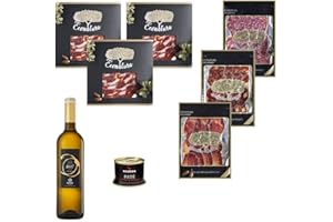 ECONATURA GOURMET Panier Gourmand à offrir. Jambon Ibérique de Bellota, Saucisson Ibérique, Chorizo Ibérique, Longe Ibérique, Pâté de Canard et Vin Blanc Verdejo. Panier cadeau gourmand avec vin.