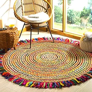 K KMDD Brand - Jute Cotton RED Carpet Round (4.5*4.5 Ft) Farmhouse Front Bedroom Apartment Lounge Dari galicha Size feet cm Kids Room Denim Lovely Carpet chindi Rug for Bed Room Living Dining perdan