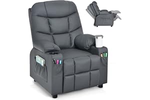 GYMAX Kids Sofa Chair, PU Leather Children Recliner Armchair with Adjustable Backrest & Footrest, Cup Holder and Side Pockets, Upholstered Toddler Lounge Chair for Boys Girls (Grey)