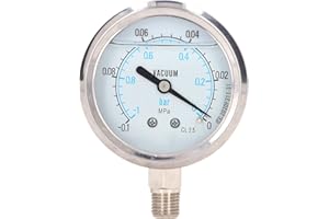 SHANRYA Manomètre à vide, 1/4in NPT Double échelle en acier inoxydable manomètre à vide testeur pour eau (-0.1-0Mpa)