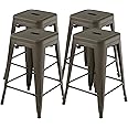 COSTWAY Set of 4 Metal Stacking Stools, Square Nesting Bar Stool with Handing Hole & Footrest, Breakfast Dining Seating Chair for Home Kitchen, Support up to 150kg (61cm Tall no Backrest, Gun)