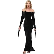 Robe Halloween Femme Velours Noir - Épaules Dénudées Longueur Cheville - Style Gothique Addams Family