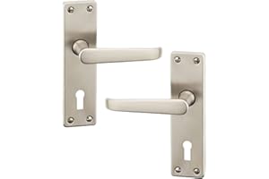 URFIC Satin Nickel Door Handle for Internal and External Doors Victorian Set of 2 Lever Lock on Plate. Sleek Design Levers for Wooden, Kitchen and Bedroom Interior and Exterior Doors.