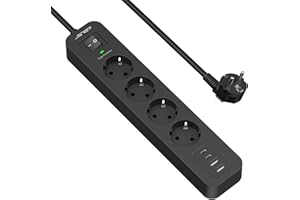 JSVER Multiprise Parasurtenseurs USB 4 Prises avec 2 Ports USB A+2 Ports USB C Chargeur (5V3,4A) Multiprises parafoudre et surtension avec Cable 2m pour Smartphone, Maison, Bureau-Noir