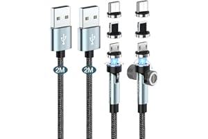 Kuulaa Cable de Carga Magnético 3 en 1, [2m+2m] de 360° y 180°, Cable Carga Rápida y transferencia de datos de 3 A, para Micro USB/Tipo C/iProducts