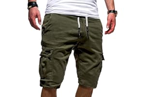 EMATOP Kurze Hosen Herren Sommer Baumwolle Cargo Shorts Chino Laufshorts Einfarbig Locker Cargohose mit 6 Taschen Sommerhose Regulär Fit Sporthose Elastischer Bund Freizeithose für Männer