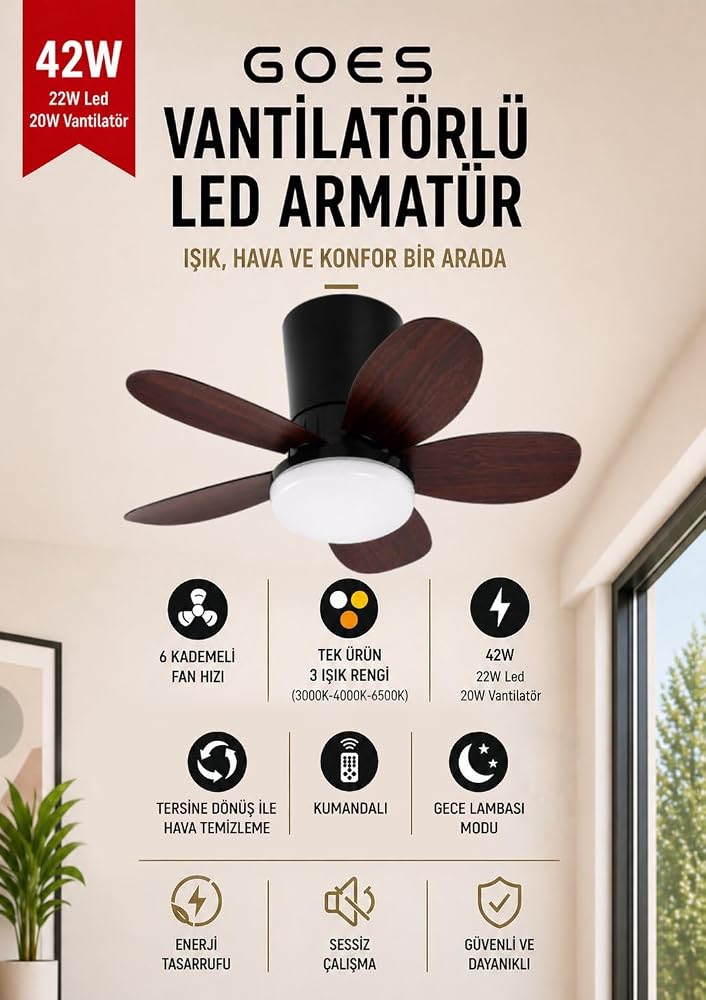 42W Tavan Vantilatörü LED Avize Armatür 64cm 5 Kanat 6 Kademeli Fan Ters Dönüş ve Gece Lambası Modu Uzaktan Kumandalı Siyah Kiraz