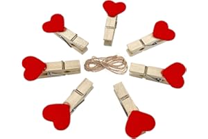 Andiker Mini Pinzas Madera Natural, Clips Corazon Rojo, con 2 m de Cuerda de Yute para Colgar sin Rastro para Bodas, Fotos, Tarjetas y Manualidades (10 Unidades)