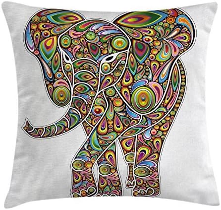 Psychedelic Throw Pillow Cushion Cover by Ambesonne, Large Eastern Elephant Figure Trippy Pattern Boho Art Savannah Illustration, Decorative Square Accent Pillow Case, 18 X 18 Inches, Multicolor