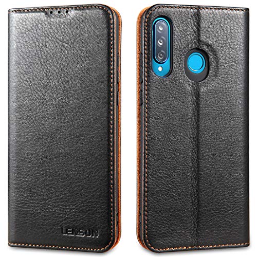 LENSUN Echtleder Hülle für Huawei P30 Lite, Leder Handyhülle Magnetverschluss Kartenfach Handytasche kompatibel mit Huawei P 30 Lite(6,15 Zoll) - Schwarz(P30L-DC-BK)