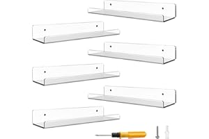 Viymgit 6 Pack Acrylic Shelves, Self-Adhesive 15" Clear Floating Shelf Wall Mount for Kids Bookshelf, Display Ledge Shelves for Bathroom, Living Room, Bedroom, Kitchen