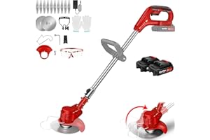 ROYALSWILL 21V Grass Trimmer Electric Cordless Strimmer with 2x Battery, Red Lawn Mower, Pruning Cutter Garden Tools, Telescopic Lightweight Weed Hedge Trimmer Edge Trimmer for Garden Clearing Weeds Flower Trees