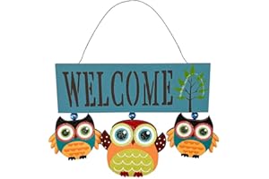 WINBST Targhetta di benvenuto con gufo, in metallo e legno da appendere, decorazione per porta di casa, per fattoria, veranda, terrazza, giardino, 22,5 x 23 cm
