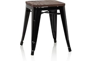 ‎HJH OFFICE hjh OFFICE 645041 Metall Hocker VANTAGGIO W Schwarz/Holz Sitzhocker im Industry-Design mit Holz-Sitzfläche, stapelbar, niedrig