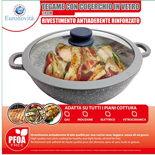 Euronovità en-20032 Poêle Grill poêle Wok avec poignées, Pierre, Gris, 24 x 24 x 9 cm