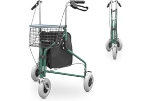 QUIRUMED Andador plegable de 3 ruedas, Con canasto y mochila, Frenos en las manetas, Regulable en altura, Color verde, Para mayores, Para minusválidos, Ligero