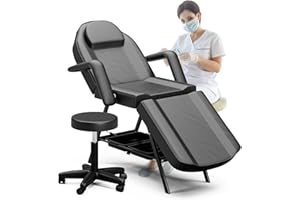 ONPNO Salon Beauty Bed with Stool, Adjustable 3-Section Massage Table with Storage Shelves, Professional Tattoo Chair, Facial Lash Bed for Client/Esthetician (Blcak)