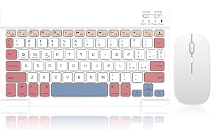 SOPPY Tastiera e Mouse Bluetooth Portatili, Mini Tastiera Ricaricabile, Tastiera Wireless per iPad/Samsung Tab/Lenovo Tab/iOS/Android/Windows, Layout Italiano (Bianco e Rosa)