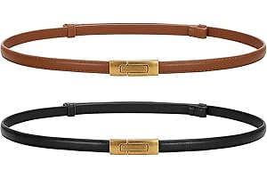 LEACOOLKEY Women Skinny Belts Leather Thin Waist Belts for Dress Ladies Belts with Gold Buckle