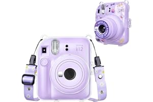 HIYQIN Funda Transparente para Cámara Instantánea Fujifilm/Polaroid Instax Mini 12 con Correa Ajustable y Pegatina Divertida - Transparente + Púrpura