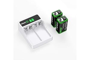 HiQuick 2-slot 9V Battery Charger, Fast Charging Function, Type C and Micro USB Input, with 2 x 280mAh 9V NI-MH Rechargeable Batteries, Battery and Charger Set